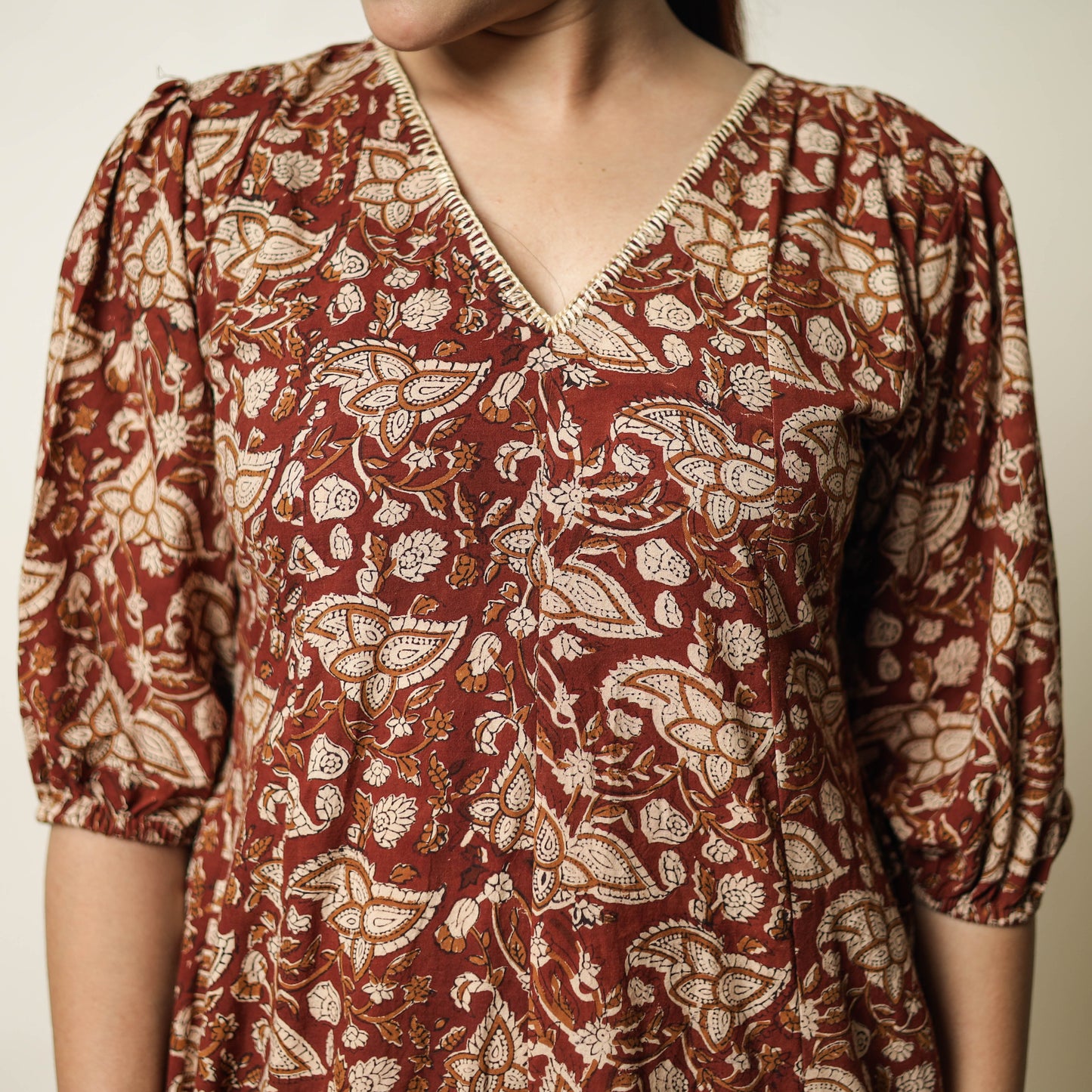 Red - bagru printed cotton flared dress 02 - handcrafted