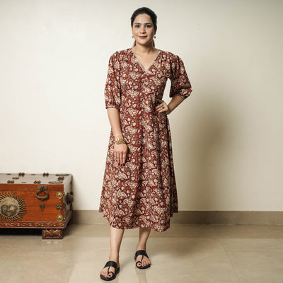 Red - bagru printed cotton flared dress 02 - handcrafted