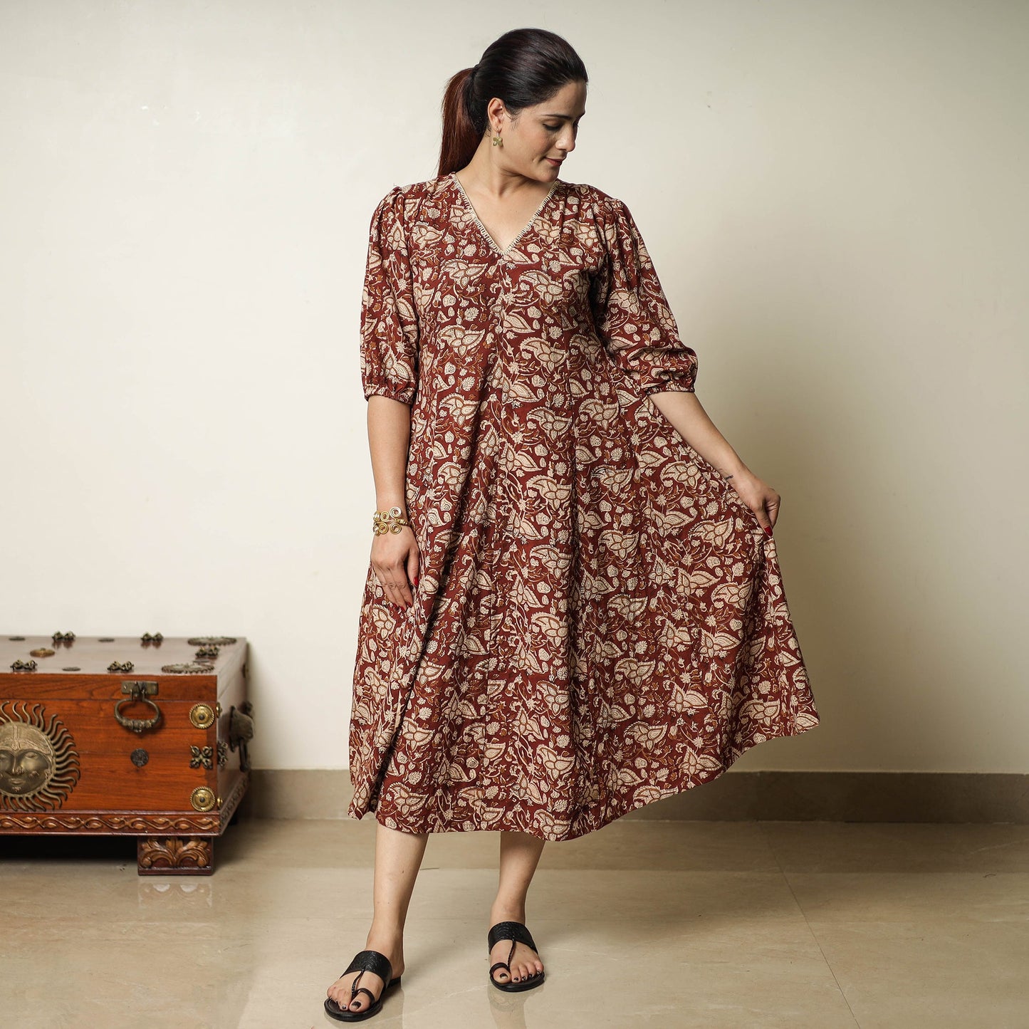 Red - bagru printed cotton flared dress 02 - handcrafted