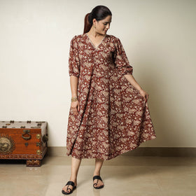 Red - bagru printed cotton flared dress 02 - handcrafted
