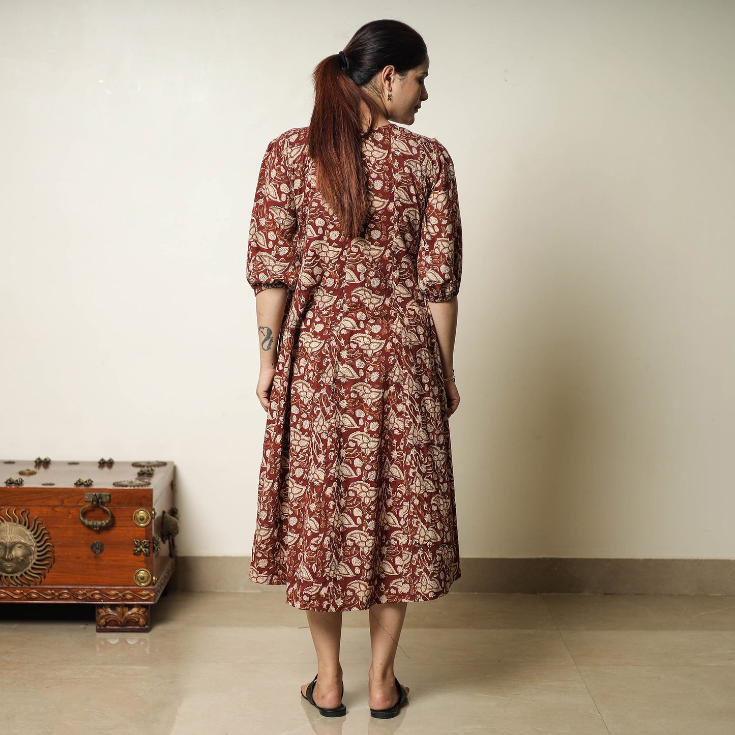 Red - bagru printed cotton flared dress 02 - handcrafted