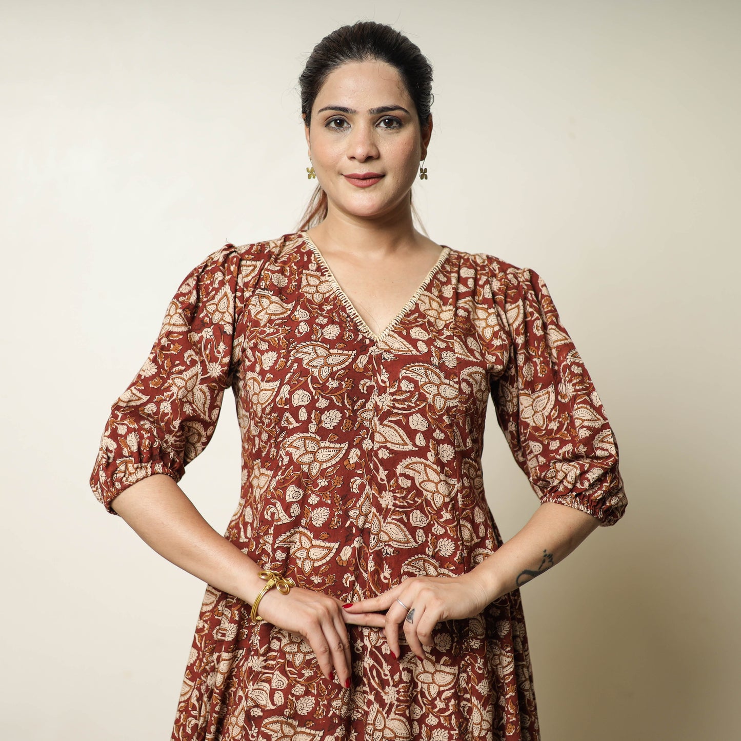 Red - bagru printed cotton flared dress 02 - handcrafted