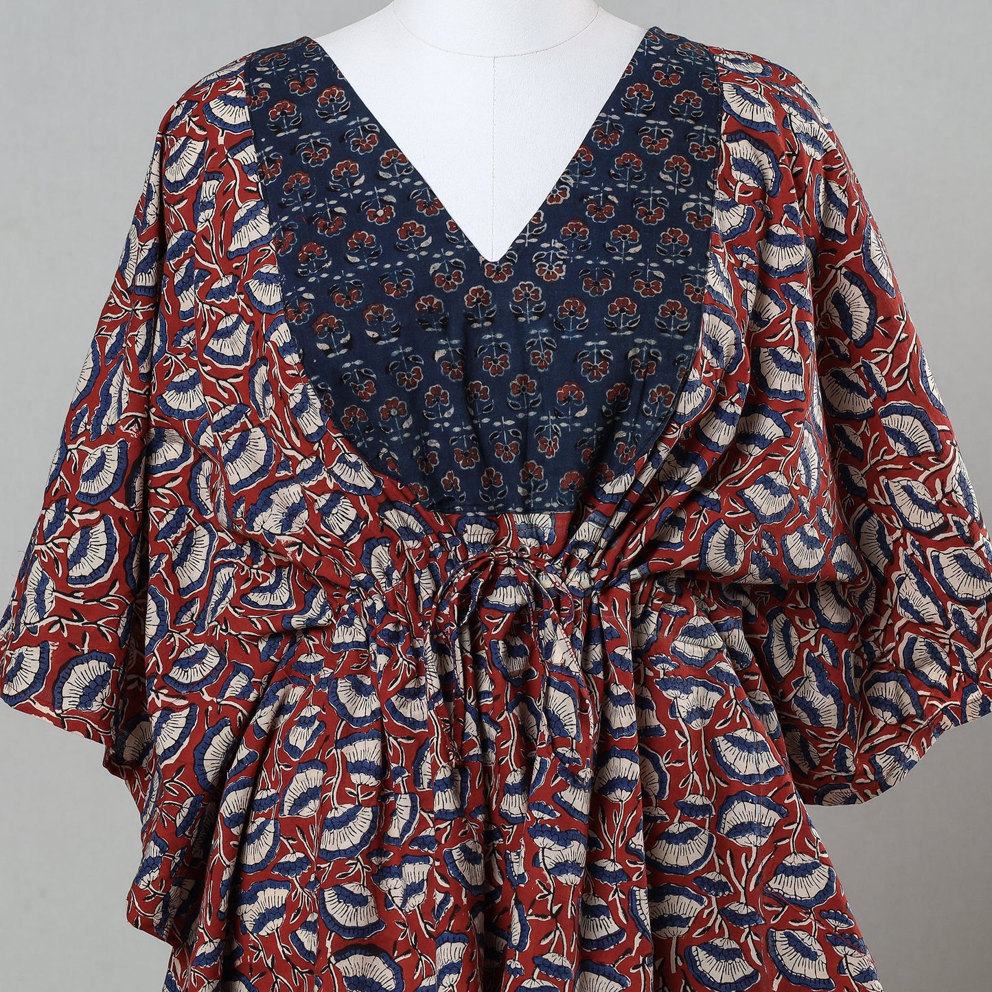 Buy Red Bagru Block Printed Cotton Kaftan with Tie-Up Waist
