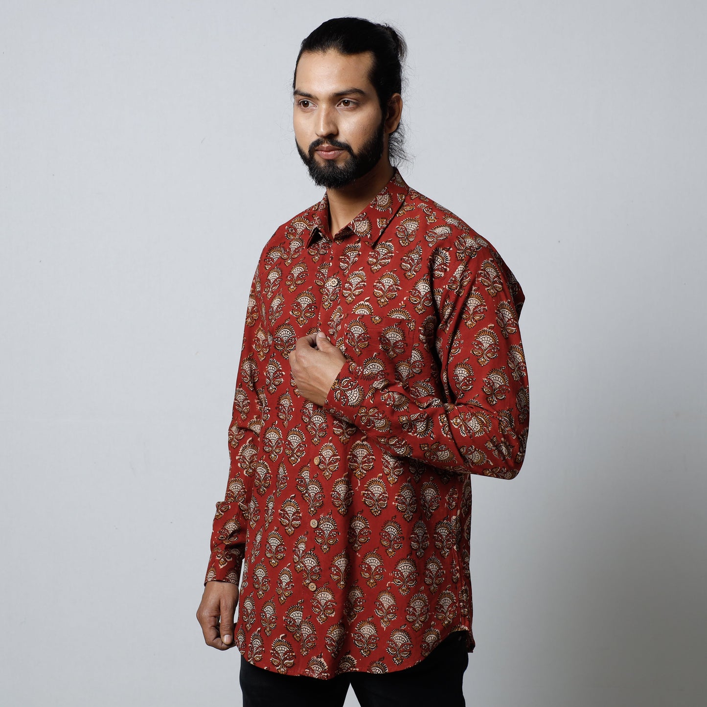 Red Bagru Block Printed Cotton Men Full Sleeve Shirt 