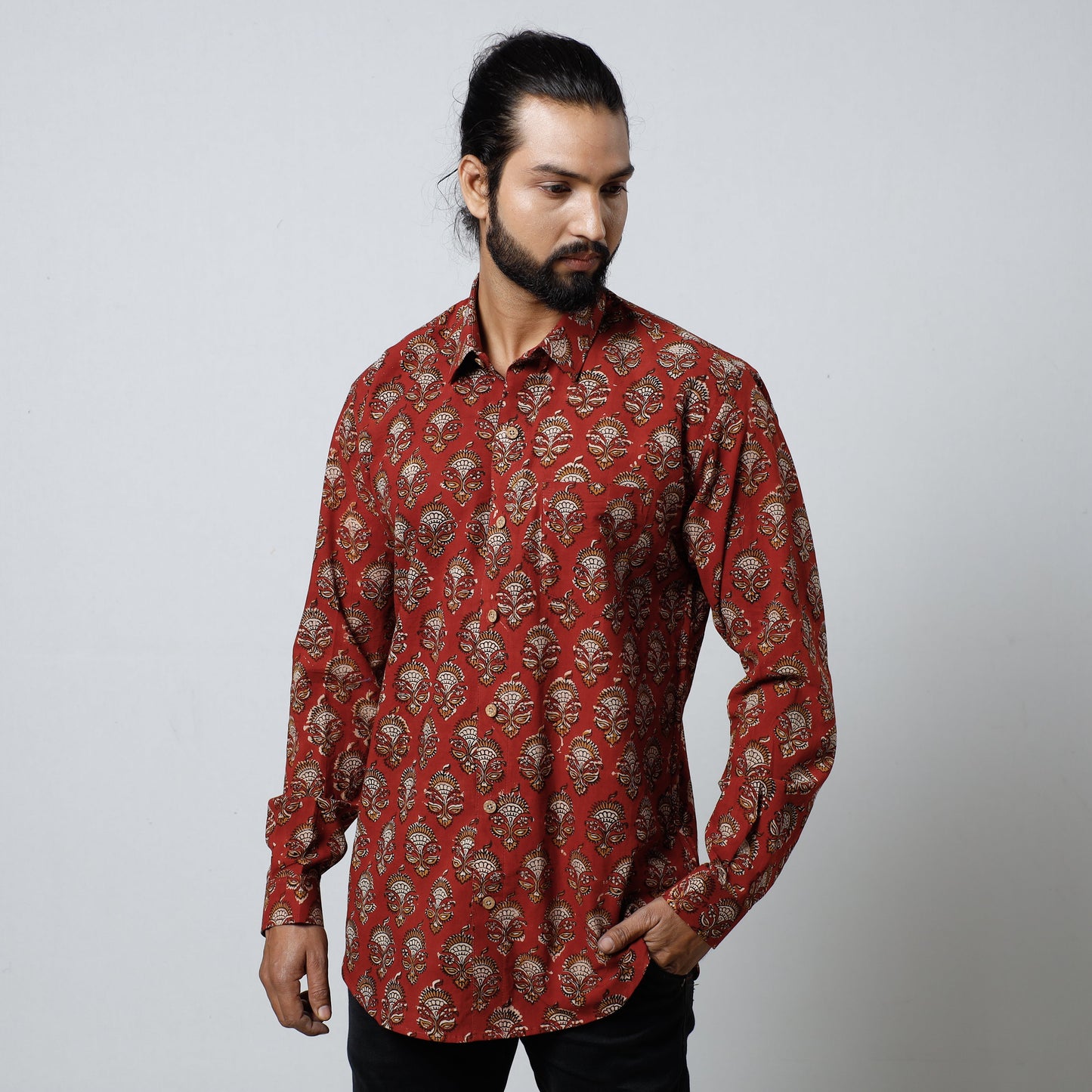 Red Bagru Block Printed Cotton Men Full Sleeve Shirt 