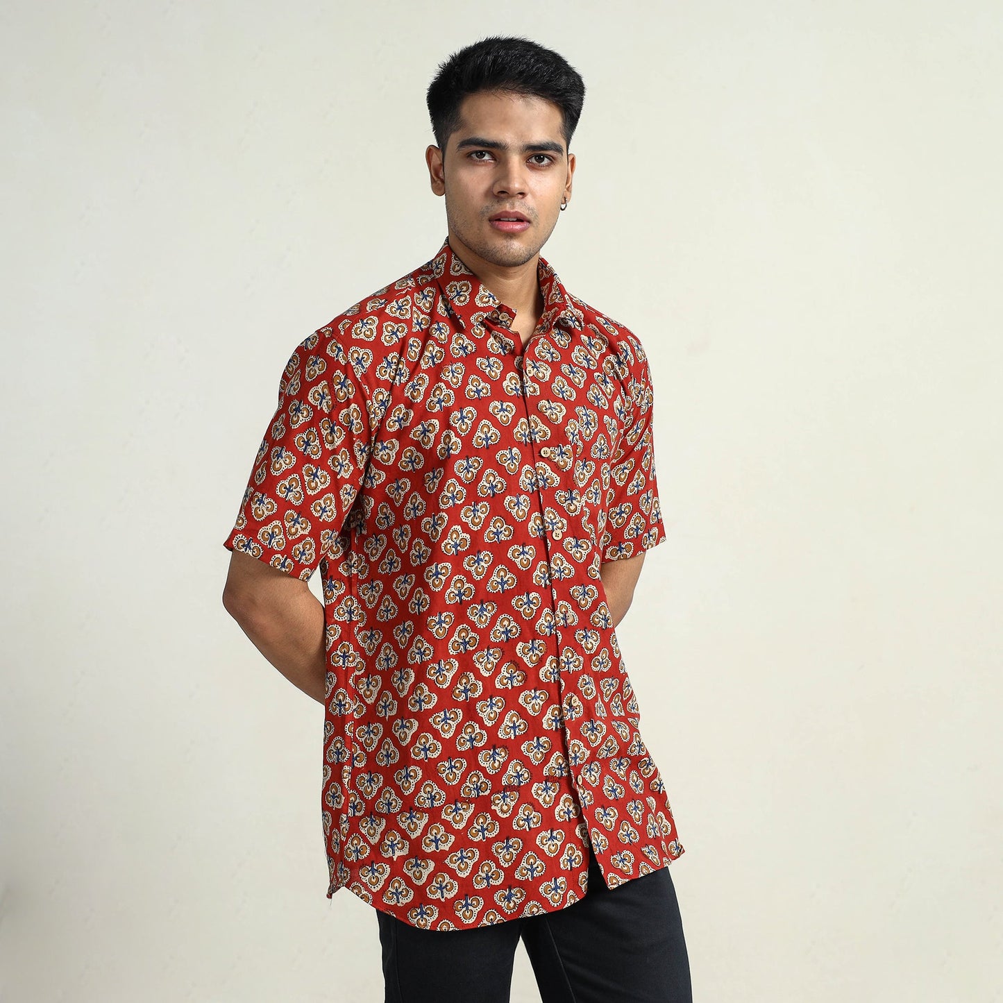   Bagru Block Printed Cotton Men Half Sleeve Shirt 01 