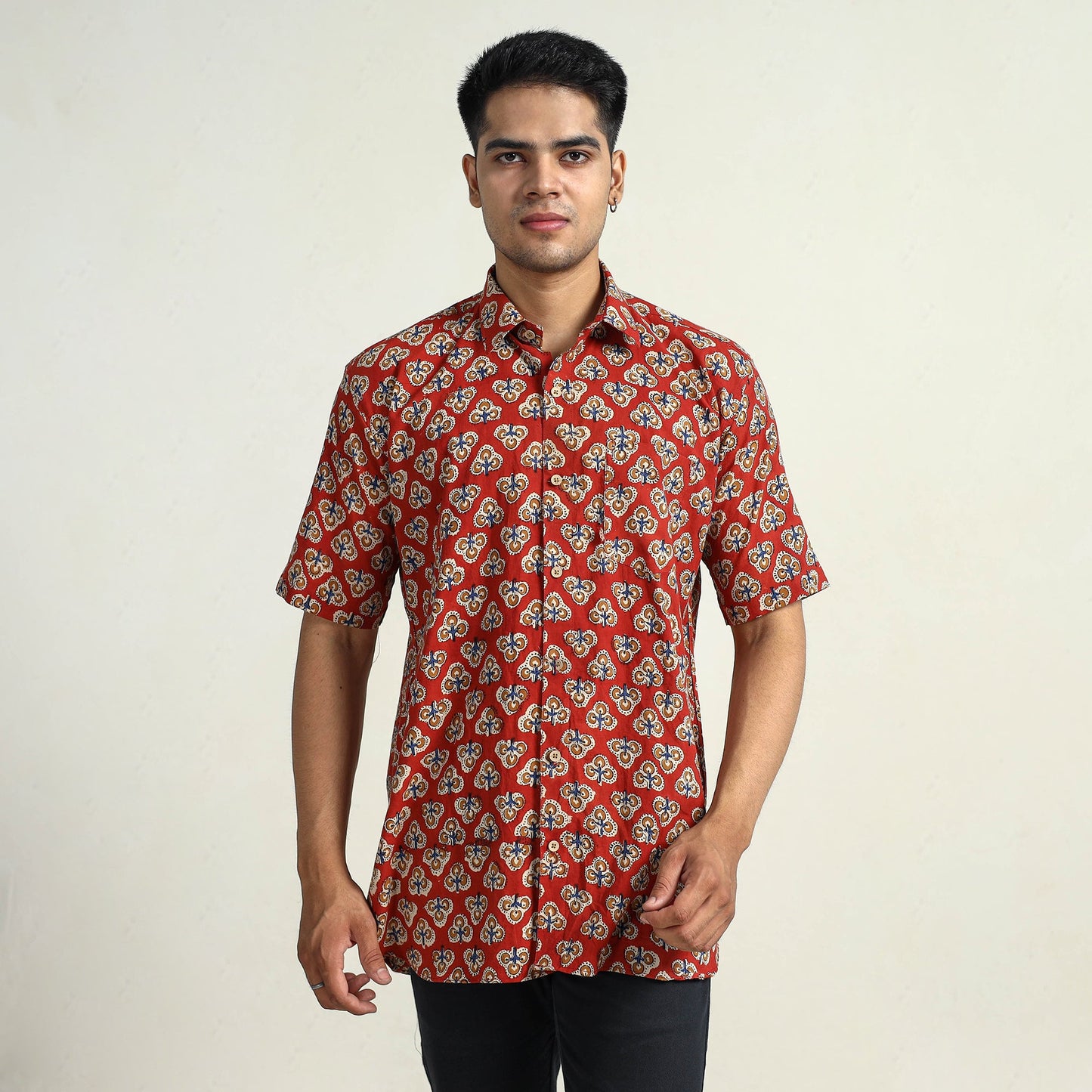   Bagru Block Printed Cotton Men Half Sleeve Shirt 01 