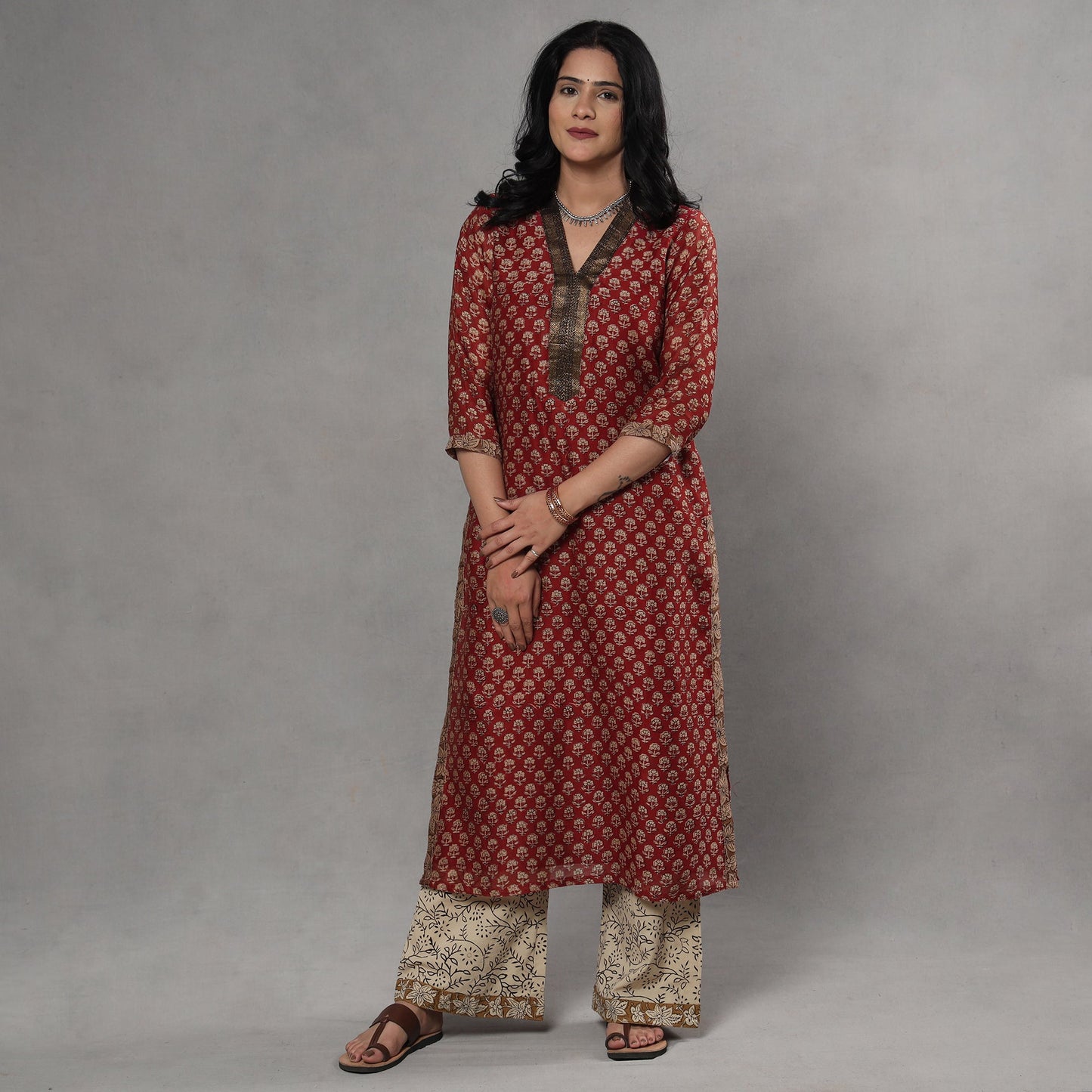 Red - bagru printing maheshwari silk kurta with palazzo &