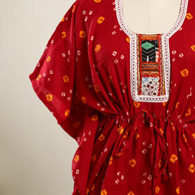Buy Red Bandhani Cotton Kaftan with Desert Embroidery