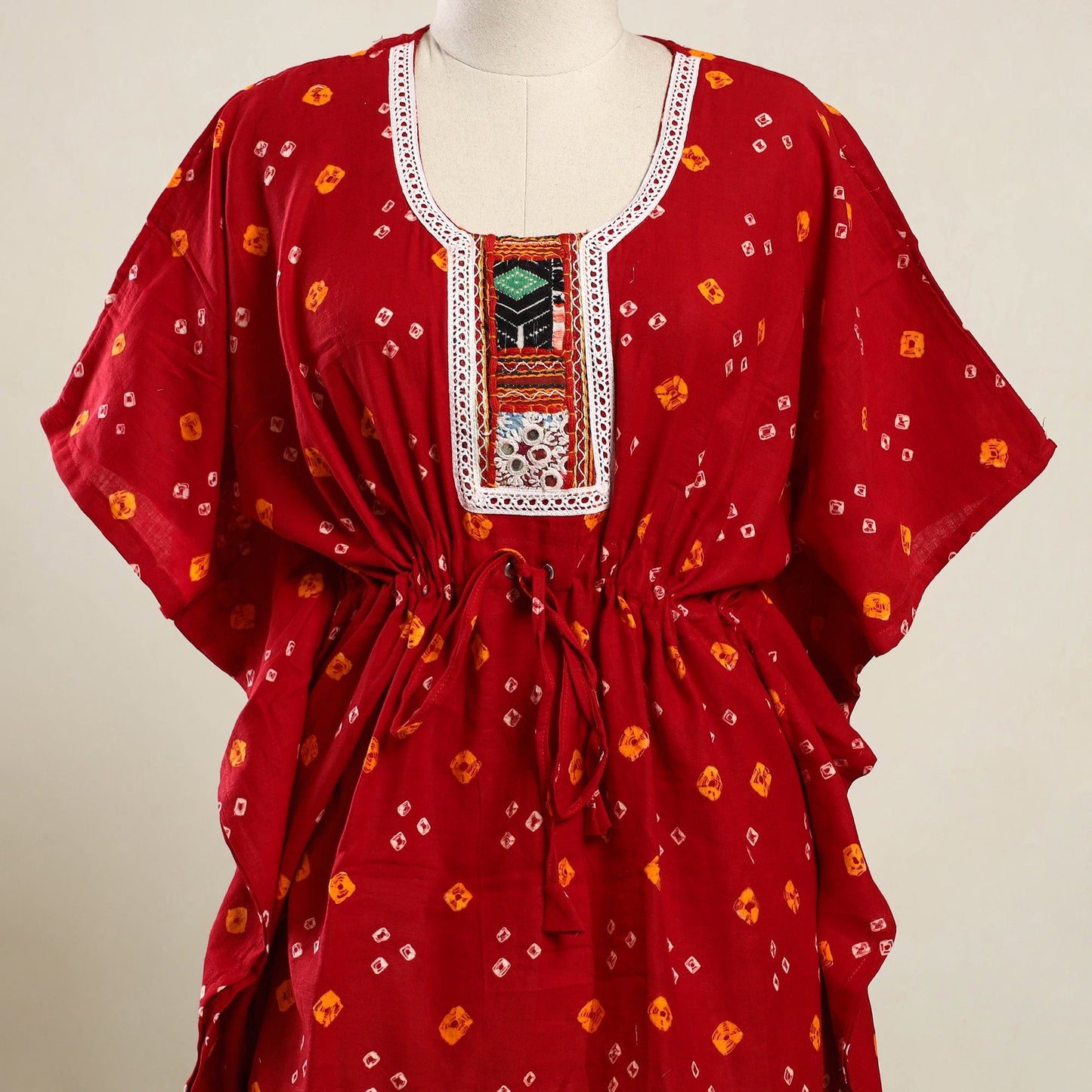 Buy Red Bandhani Cotton Kaftan with Desert Embroidery
