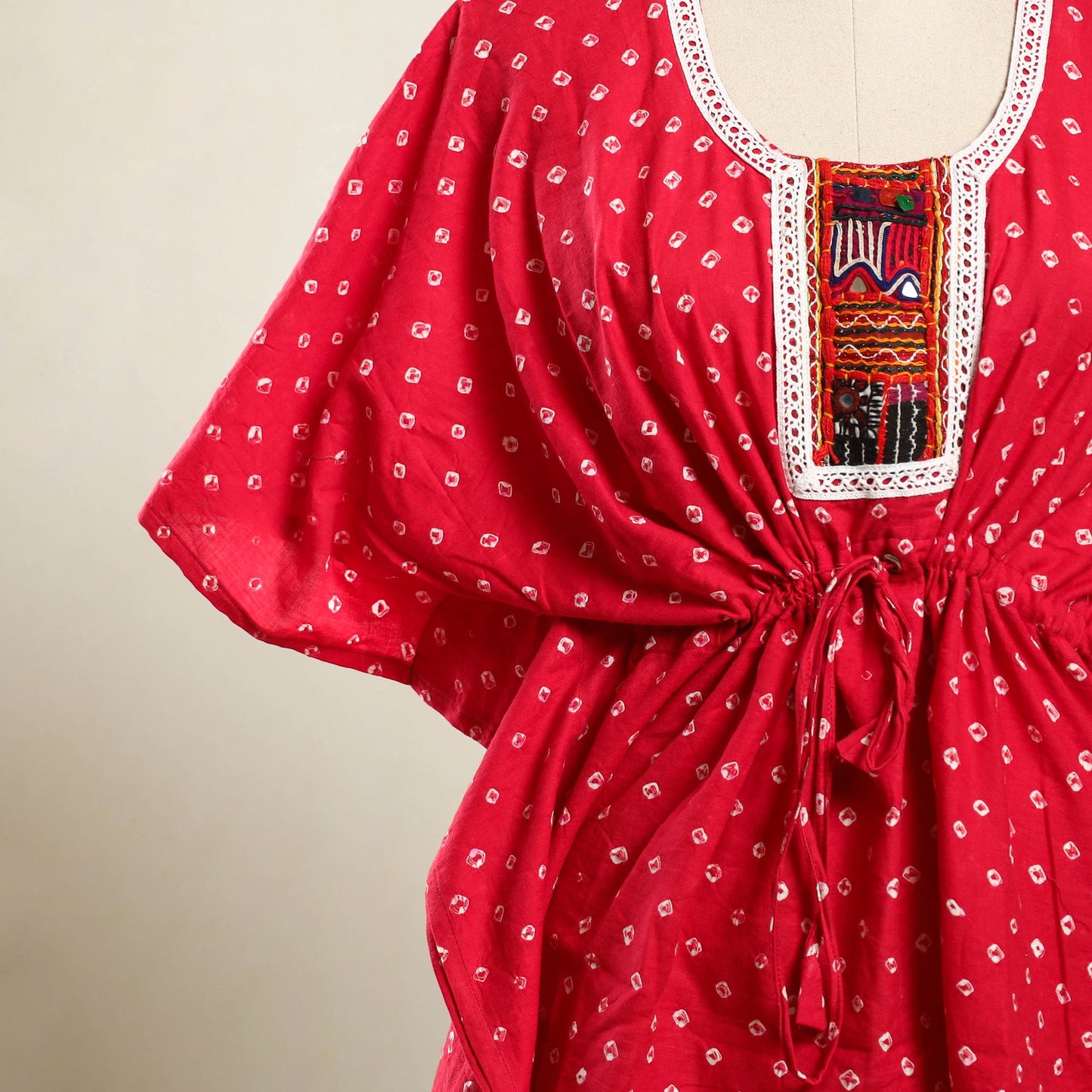 Red - bandhani cotton kaftan with desert embroidery (short)