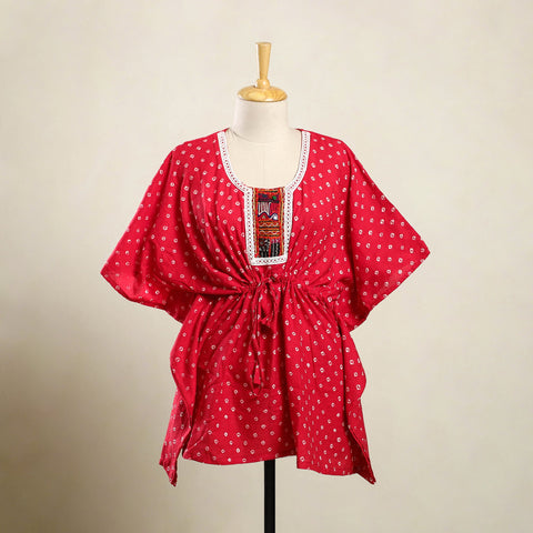 Red - bandhani cotton kaftan with desert embroidery (short)