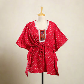 Red - bandhani cotton kaftan with desert embroidery (short)