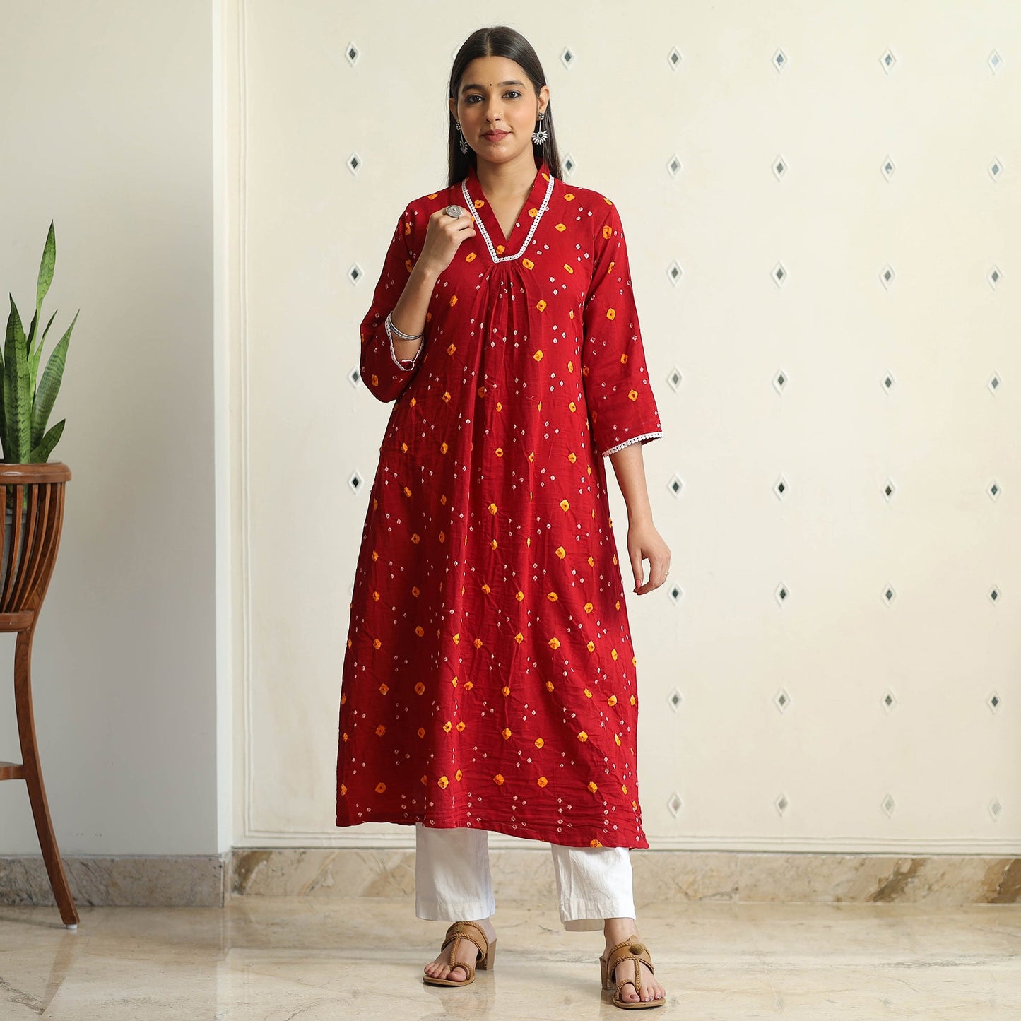 Buy Bandhani Tie-Dye Cotton A-Line Kurta for Women