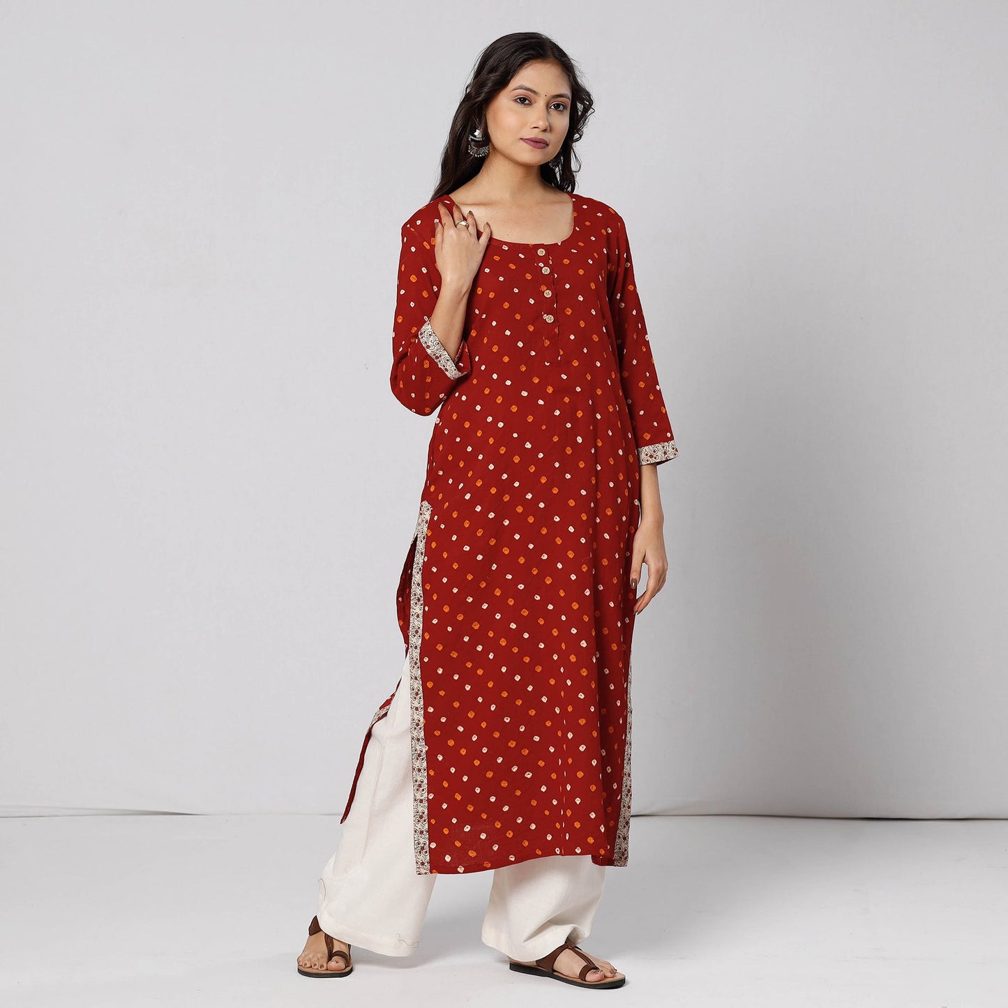 Red - Bandhani Tie-dye Cotton Long Straight Kurta