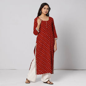Red - Bandhani Tie-dye Cotton Long Straight Kurta