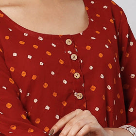 Red - Bandhani Tie-dye Cotton Long Straight Kurta
