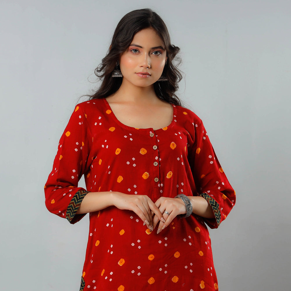  Bandhani Tie-dye Cotton Long Straight Kurta for Women