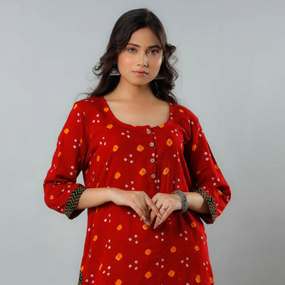  Bandhani Tie-dye Cotton Long Straight Kurta for Women