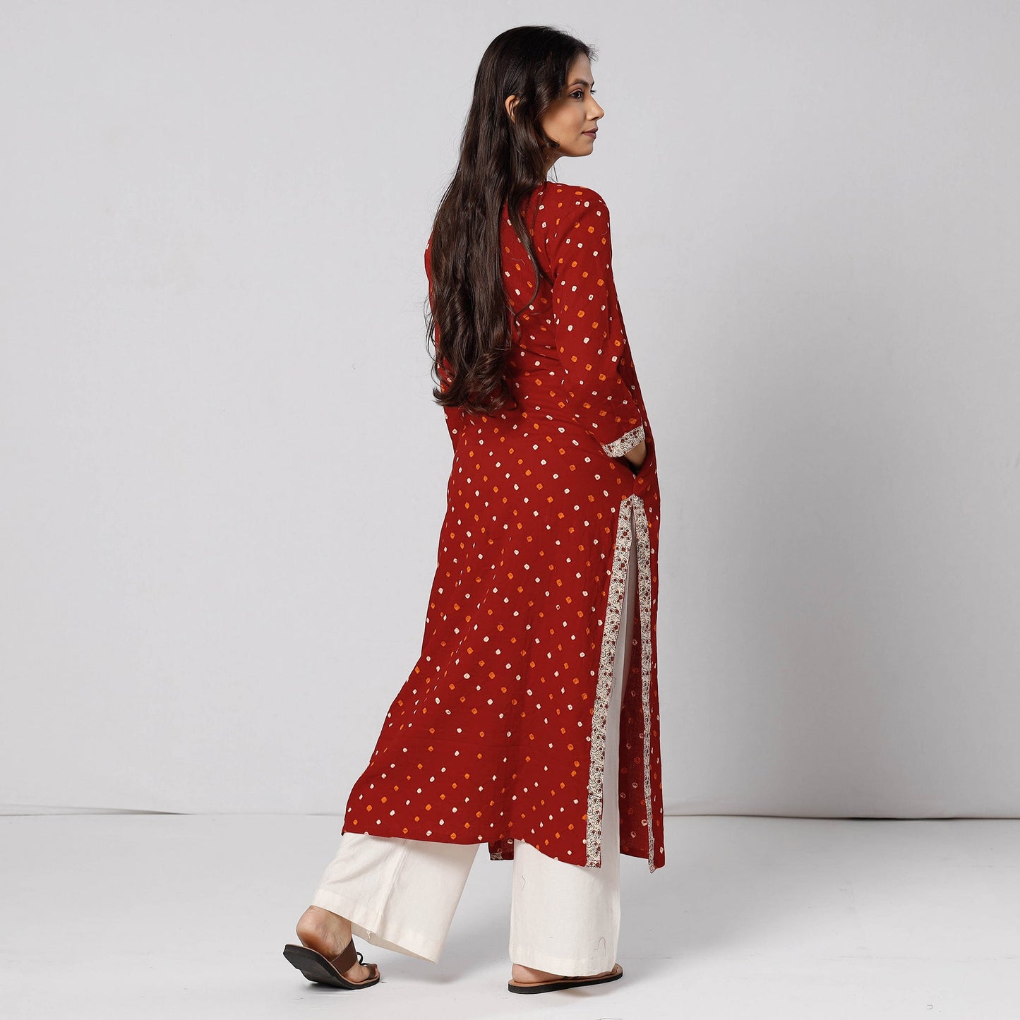 Red - Bandhani Tie-dye Cotton Long Straight Kurta