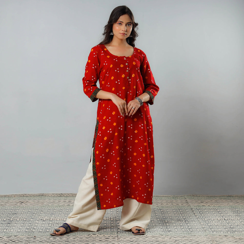  Bandhani Tie-dye Cotton Long Straight Kurta for Women