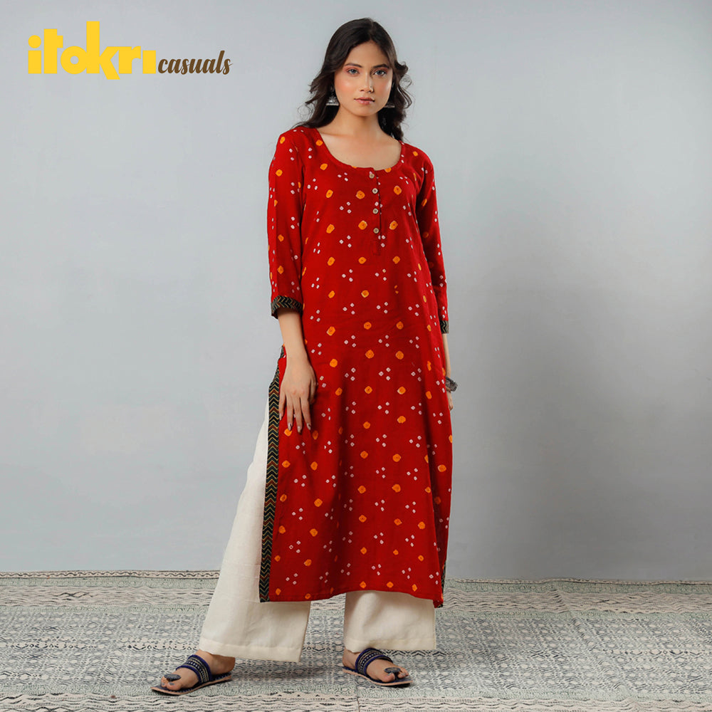  Bandhani Tie-dye Cotton Long Straight Kurta for Women