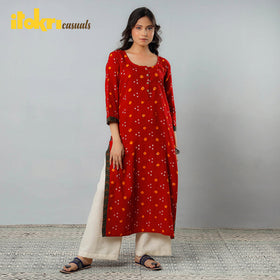  Bandhani Tie-dye Cotton Long Straight Kurta for Women