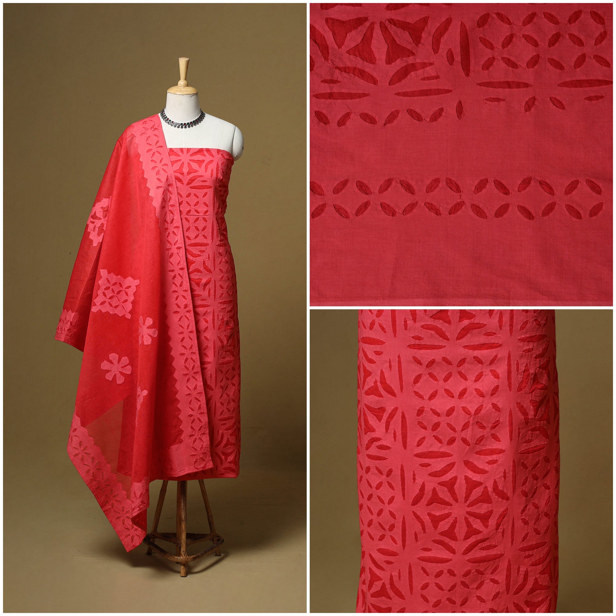 Red Barmer Applique Cut Work Cotton 3pc Unstitched Dress Material Suit Sets