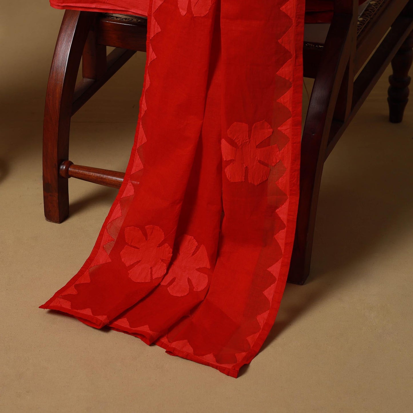 Red - barmer cut work cotton applique 3pc unstitched dress