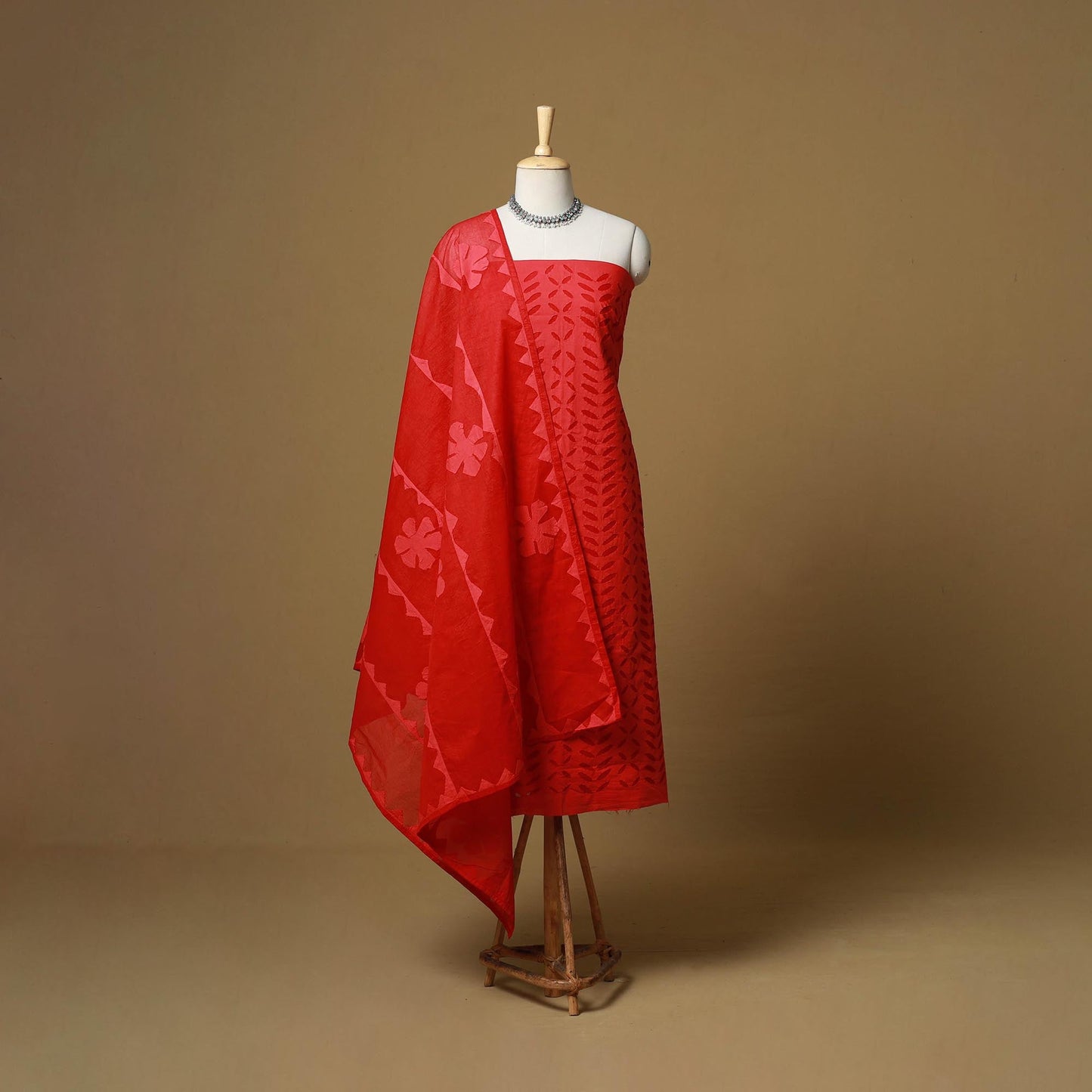 Red - barmer cut work cotton applique 3pc unstitched dress