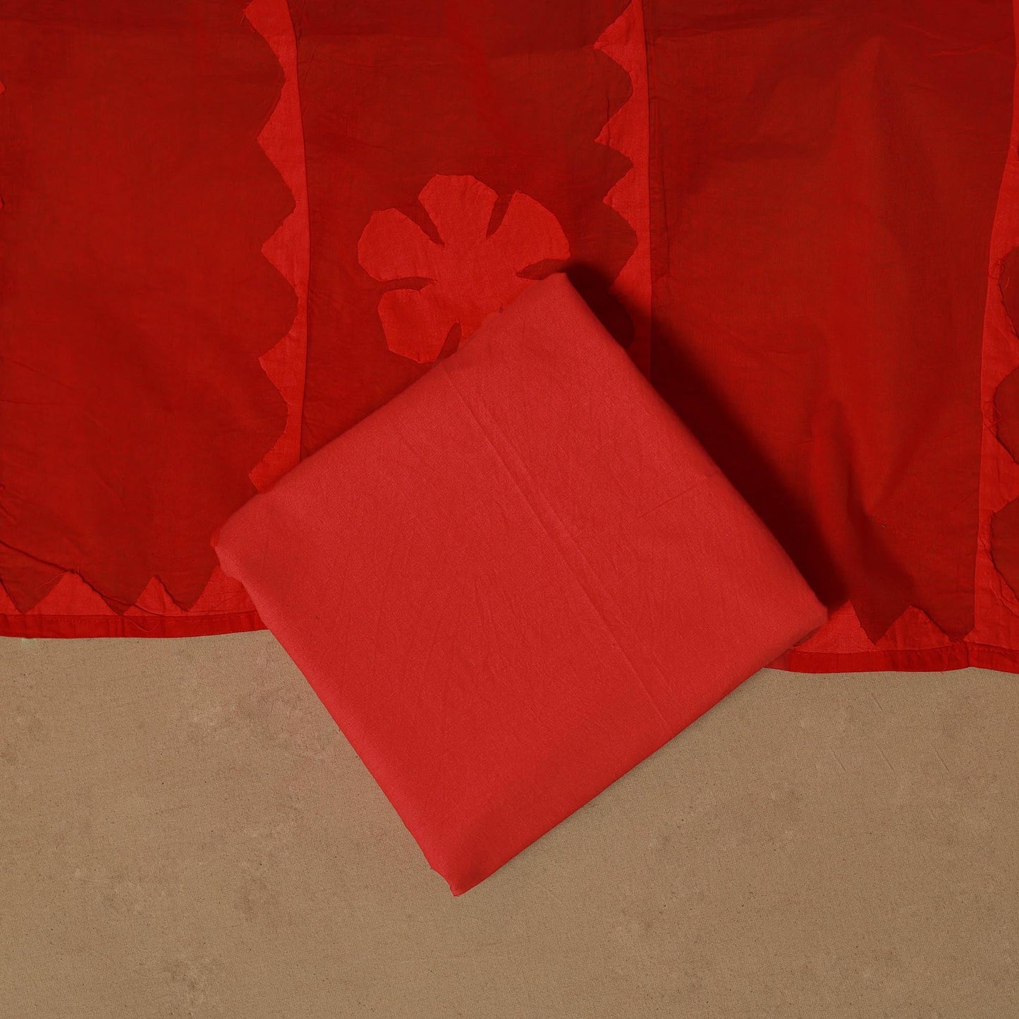 Red - barmer cut work cotton applique 3pc unstitched dress