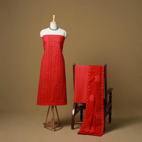 Red - barmer cut work cotton applique 3pc unstitched dress
