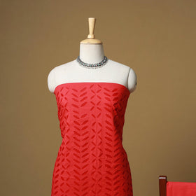 Red - barmer cut work cotton applique 3pc unstitched dress