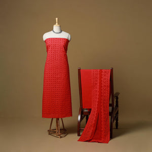 Red - barmer cut work cotton applique 3pc unstitched dress
