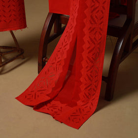 Red - barmer cut work cotton applique 3pc unstitched dress