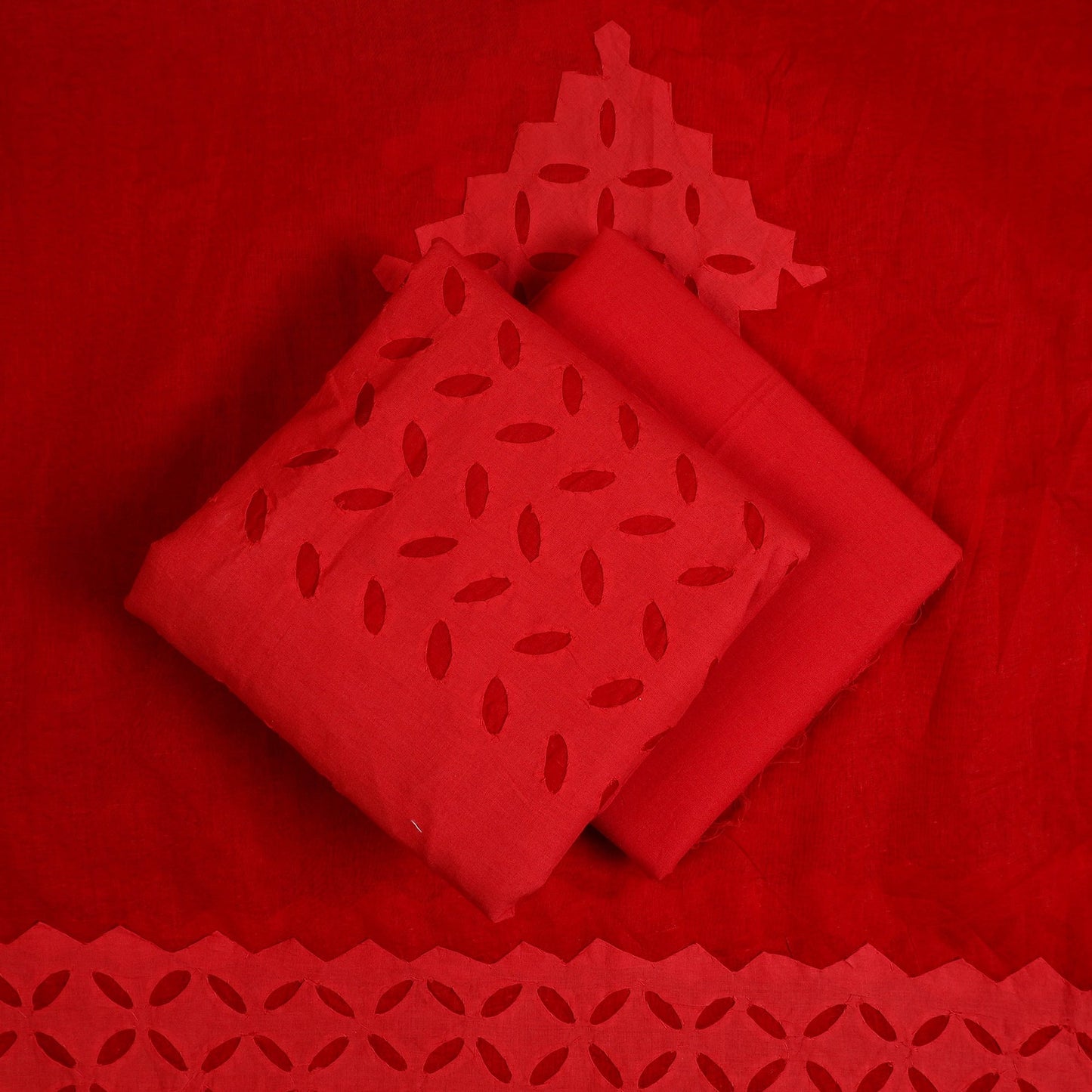 Buy Red 3pc Cut Work Cotton Barmer Applique Dress Material