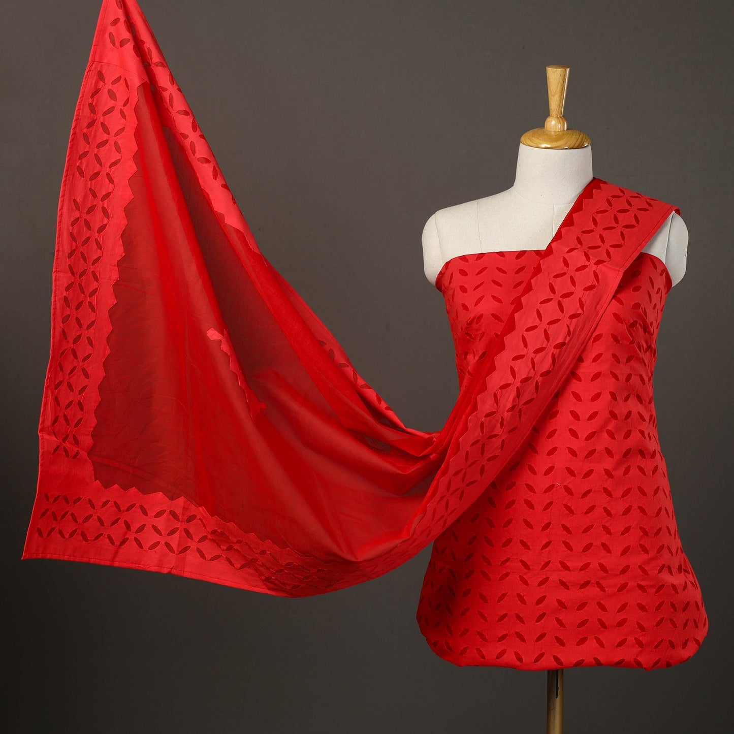 Buy Red 3pc Cut Work Cotton Barmer Applique Dress Material