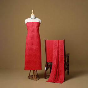 Red - barmer cut work cotton applique 3pc unstitched dress