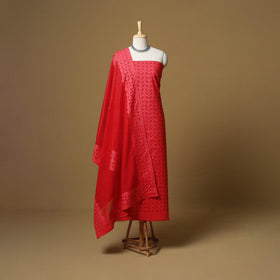 Red - barmer cut work cotton applique 3pc unstitched dress