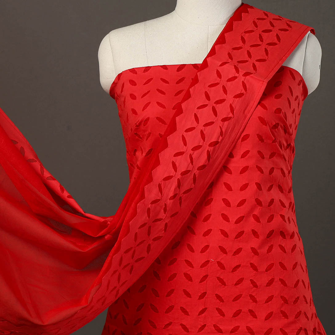 Buy Red 3pc Cut Work Cotton Barmer Applique Dress Material