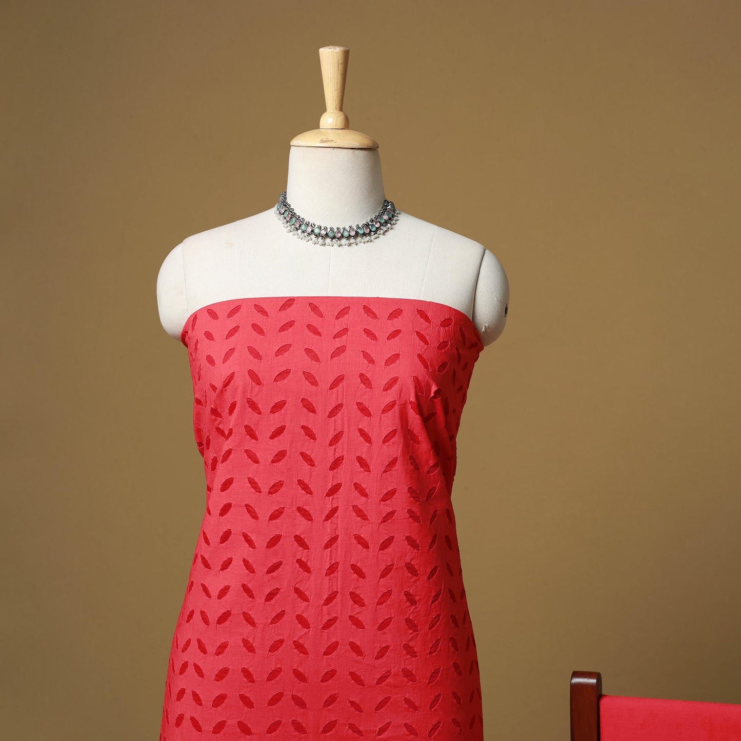 Red - barmer cut work cotton applique 3pc unstitched dress