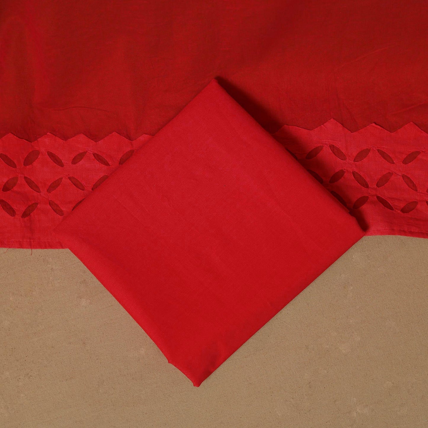 Red - barmer cut work cotton applique 3pc unstitched dress