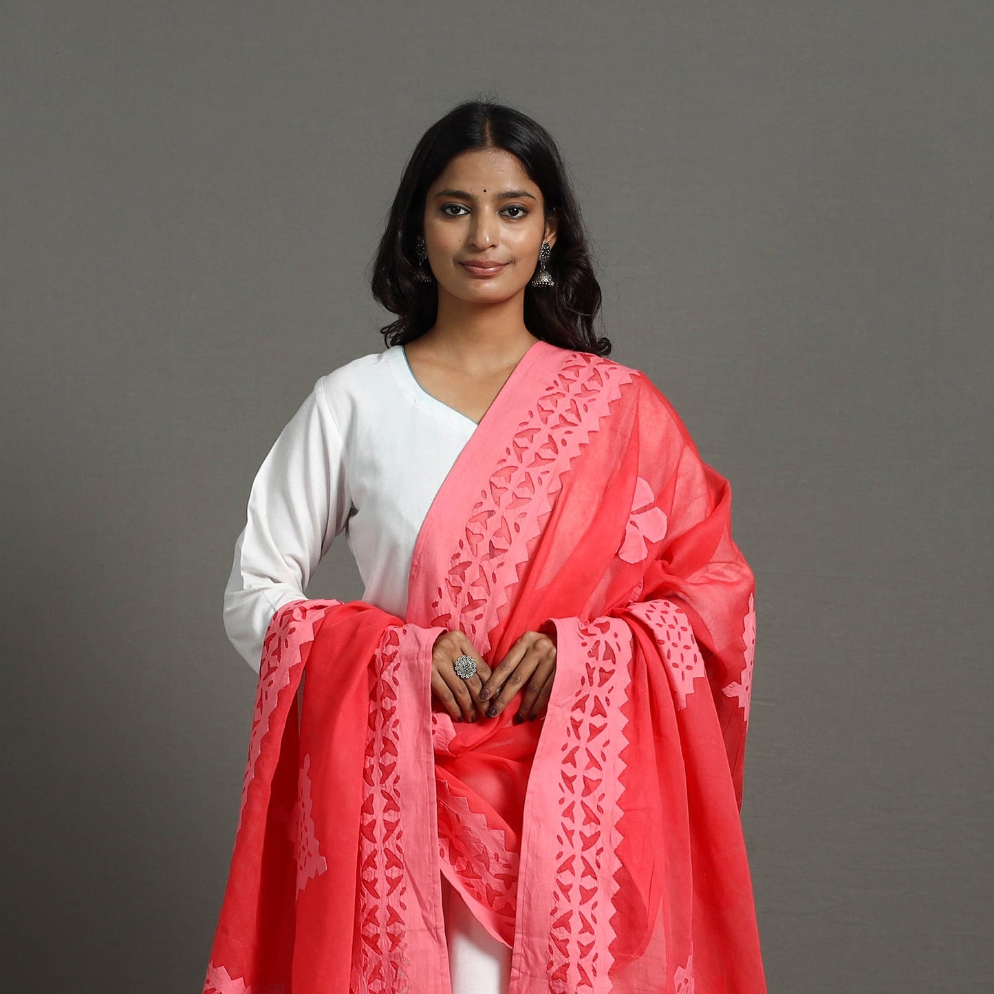 Red - barmer cutwork cotton applique dupatta 30