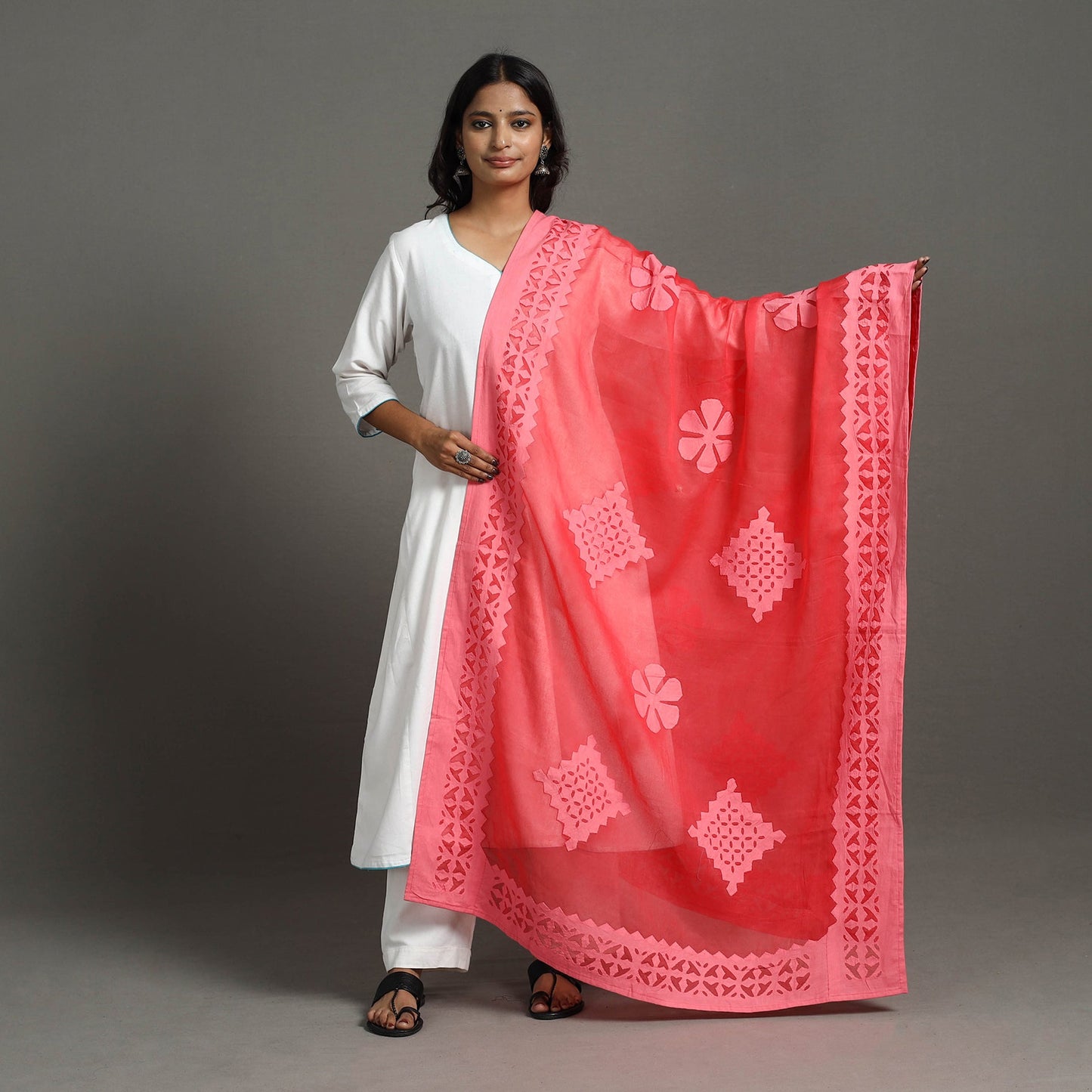 Red - barmer cutwork cotton applique dupatta 30