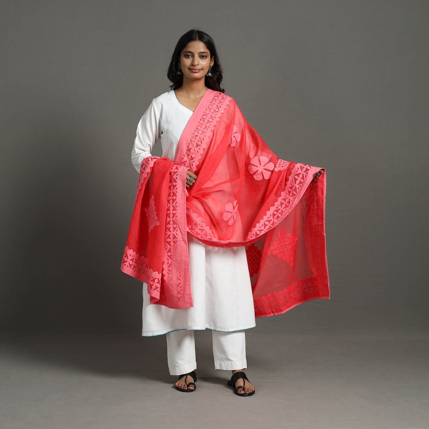 Red - barmer cutwork cotton applique dupatta 30