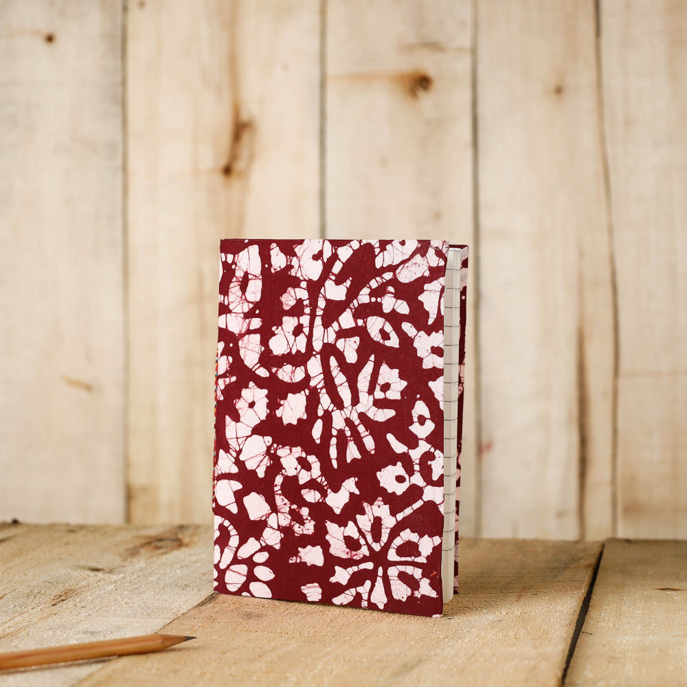 Red - Batik Fabric Cover Handmade Paper Notebook (7 x 5 in)