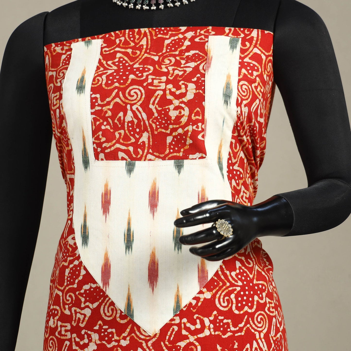 Red - batik patchwork cotton unstitched kurta material