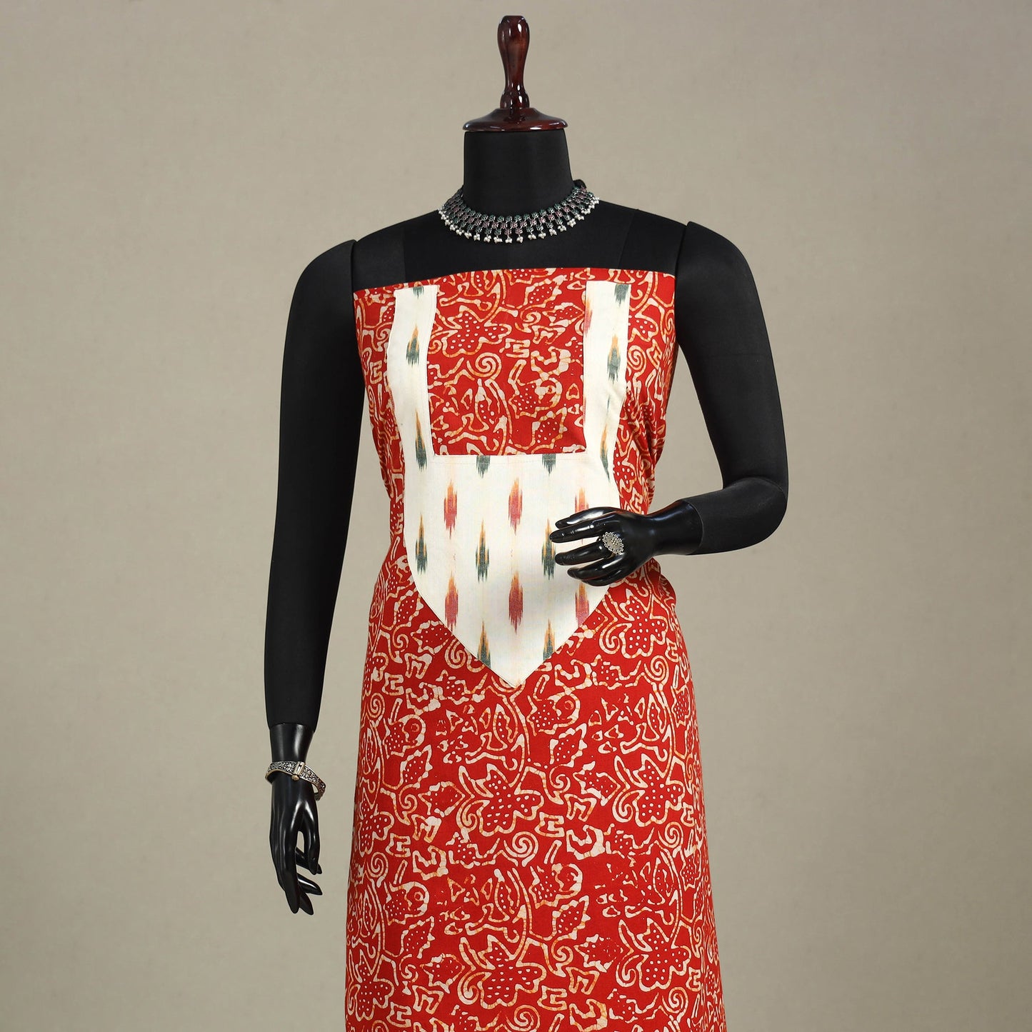 Red - batik patchwork cotton unstitched kurta material