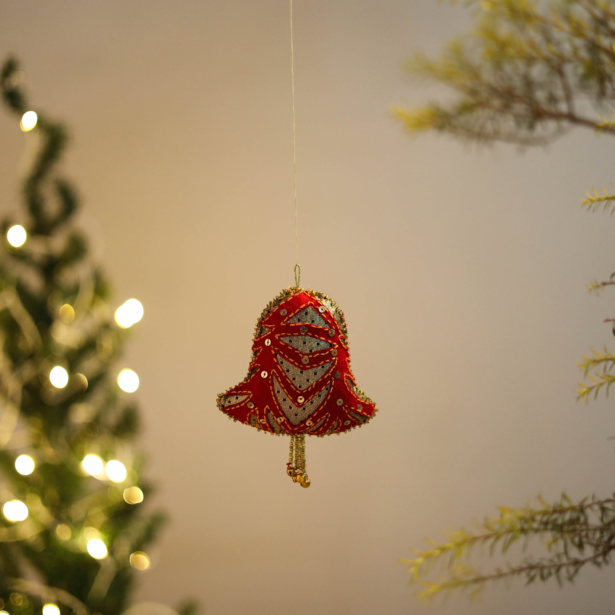 Red - bell - hand embroidered felt christmas decor ornament