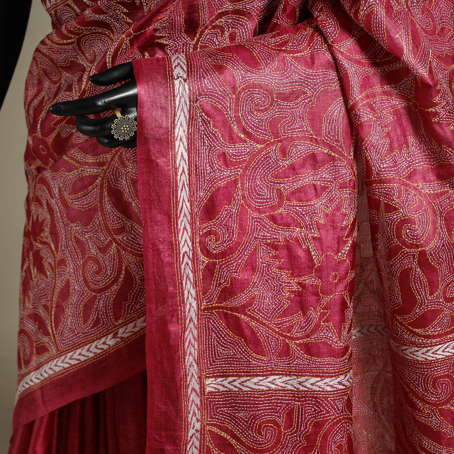 Red - bengal hand embroidery tussar silk handloom kantha